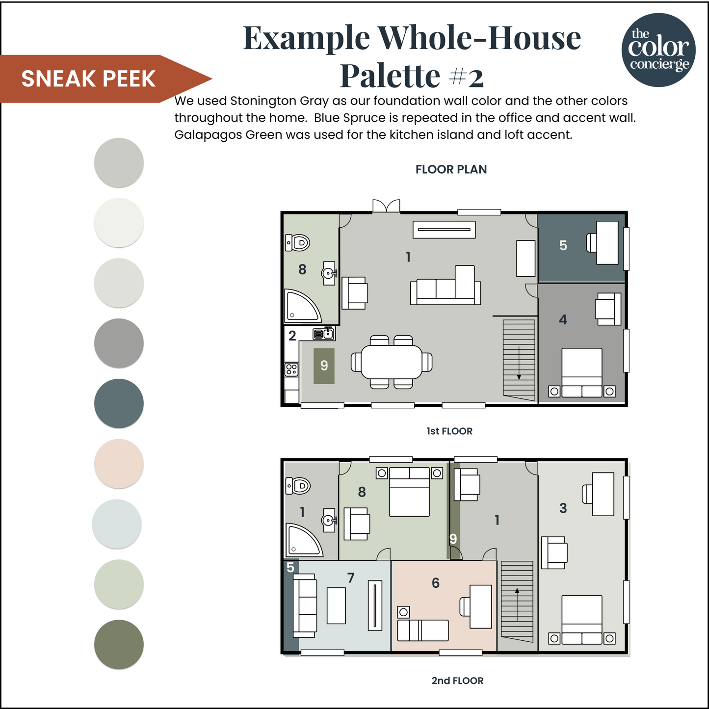 A Benjamin Moore Stonington Gray whole-house color palette example