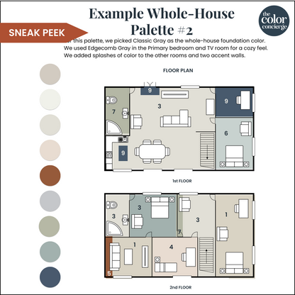 A whole-house color palette example using a Benjamin Moore Edgecomb Gray color palette