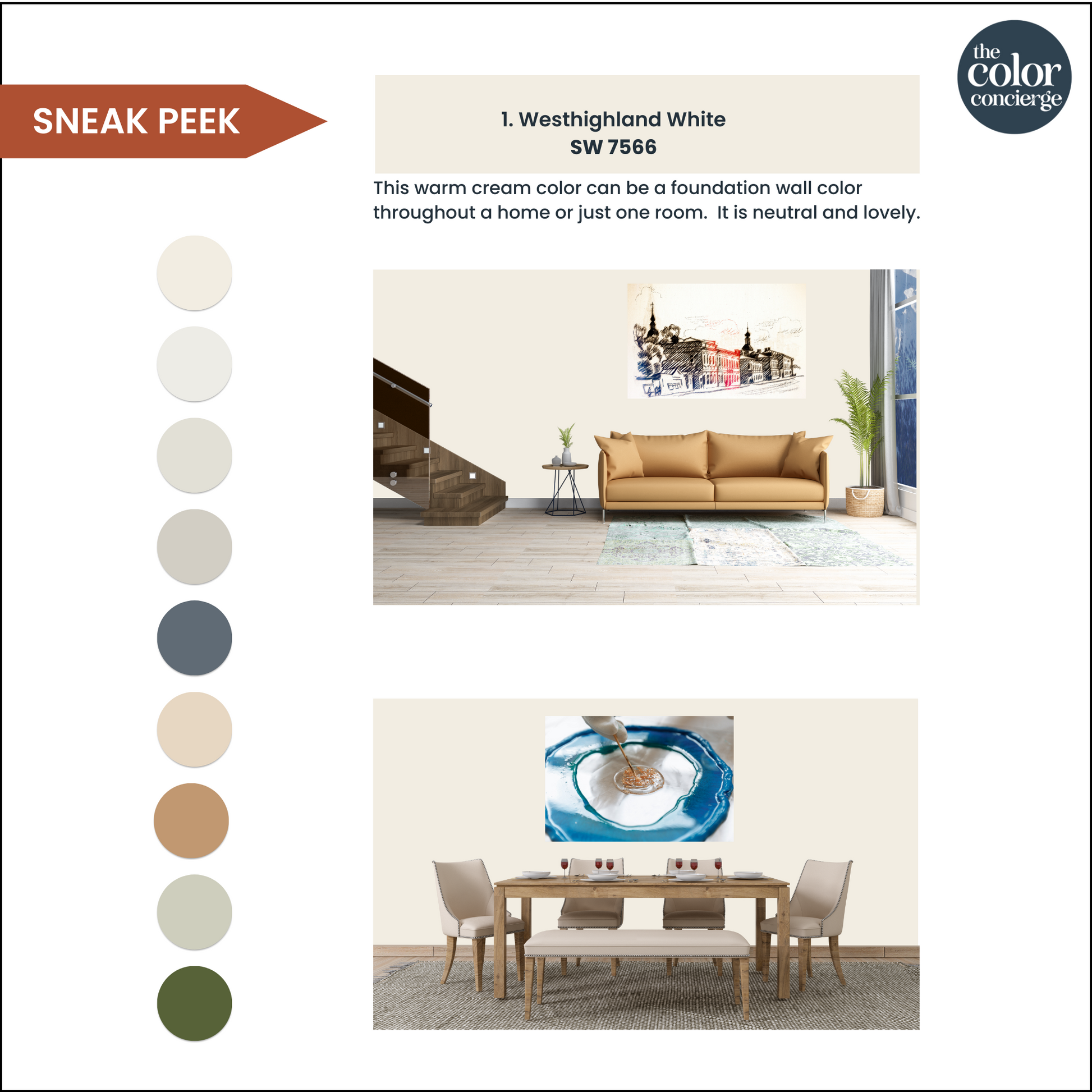 An example of how to use Sherwin-Williams Westhighland White color palette in your home