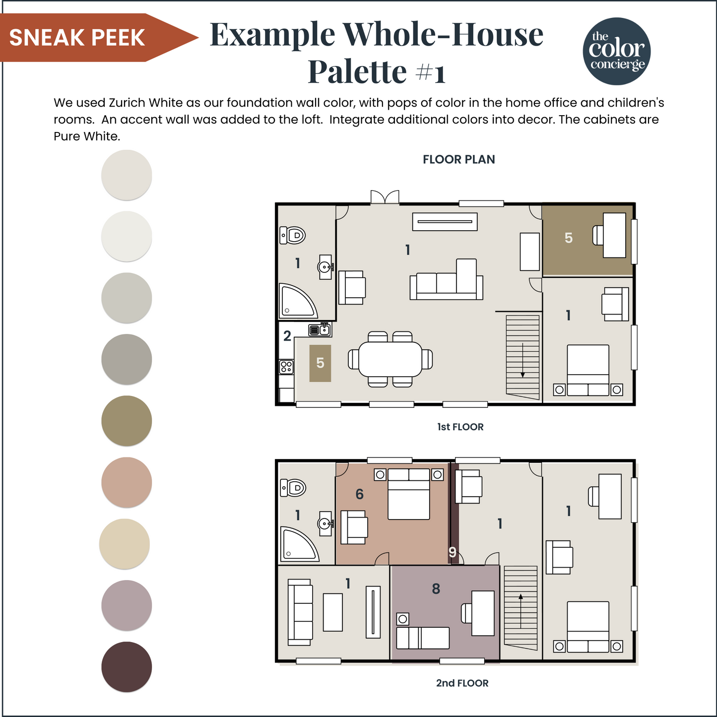 A Sherwin-Williams Zurich White whole house paint color palette mockup