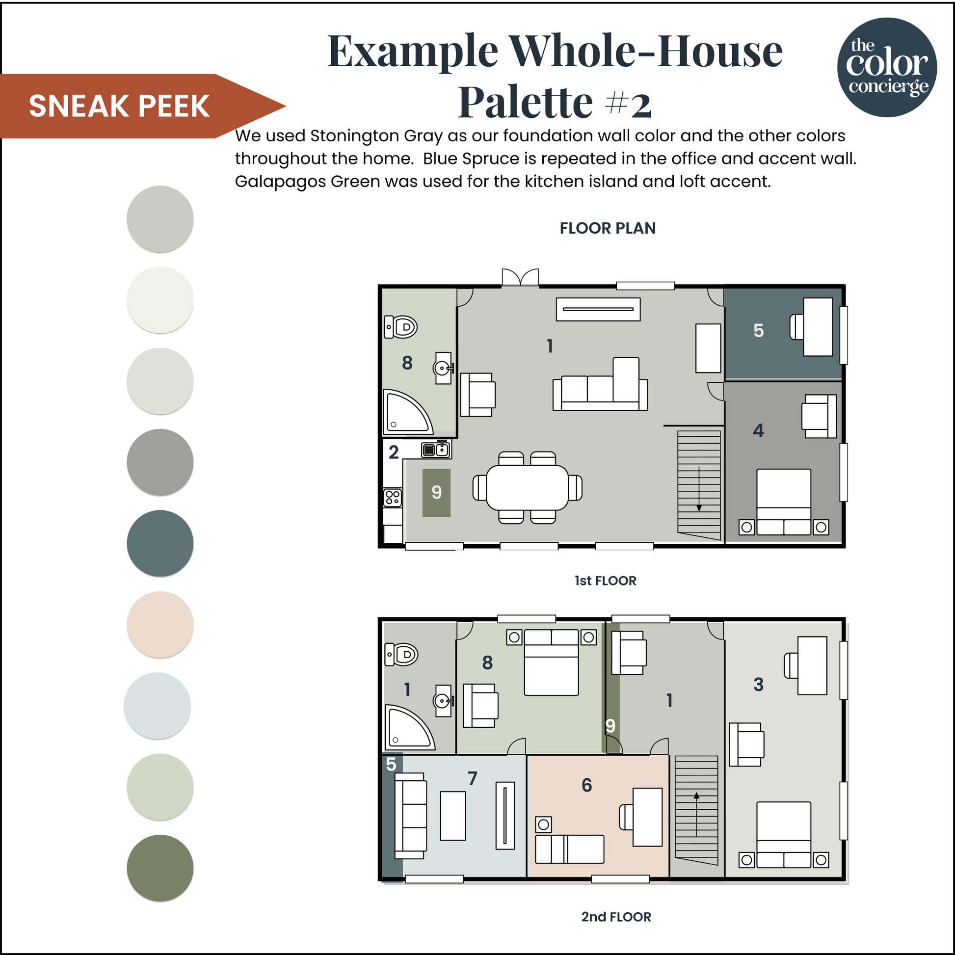 A Benjamin Moore Stonington Gray whole-house color palette example