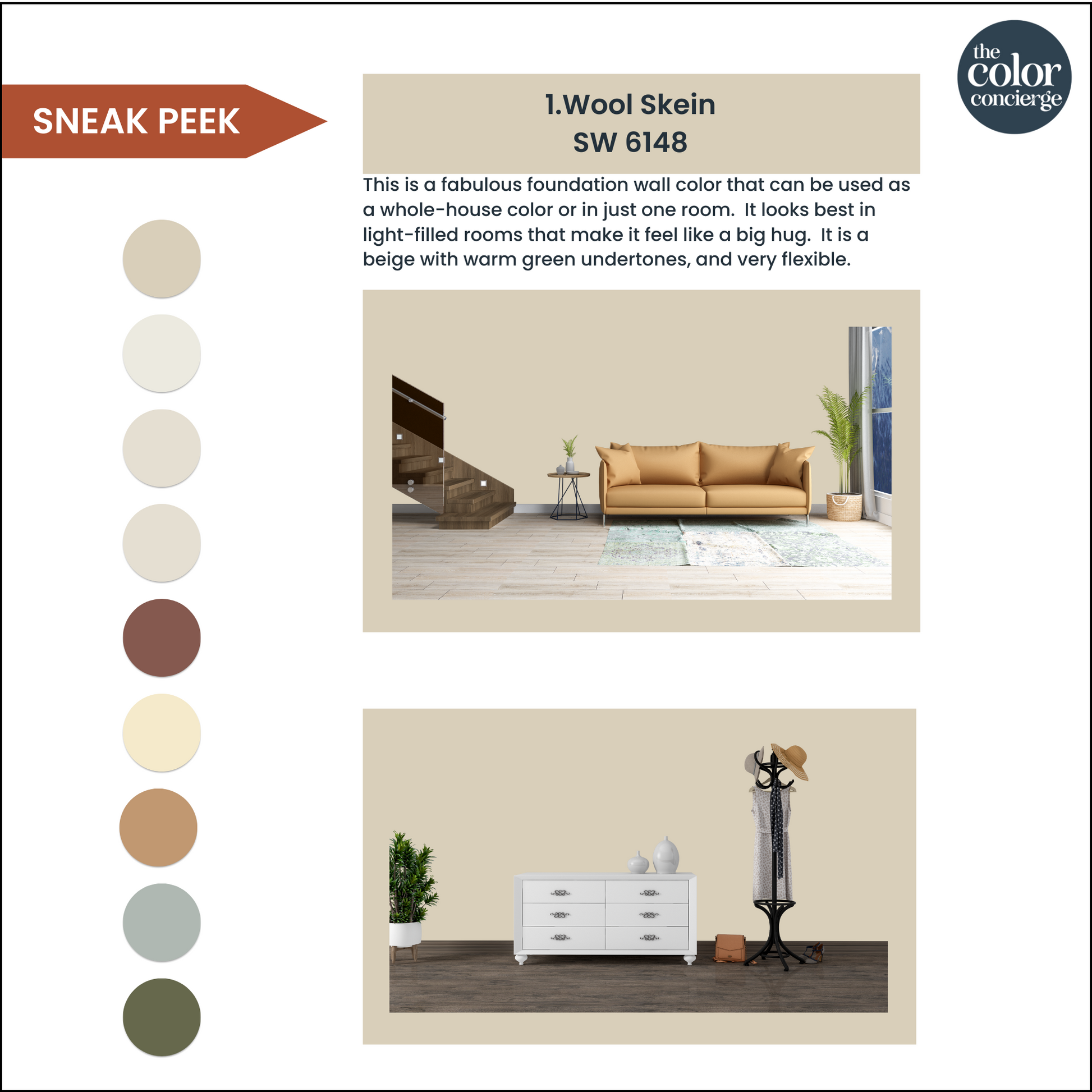 A page showing how to use a Sherwin-Williams Wool Skein color palette in your home