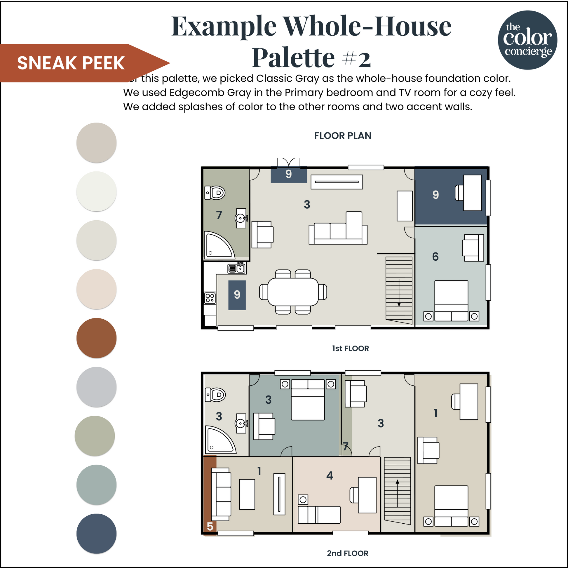 A whole-house color palette example using a Benjamin Moore Edgecomb Gray color palette