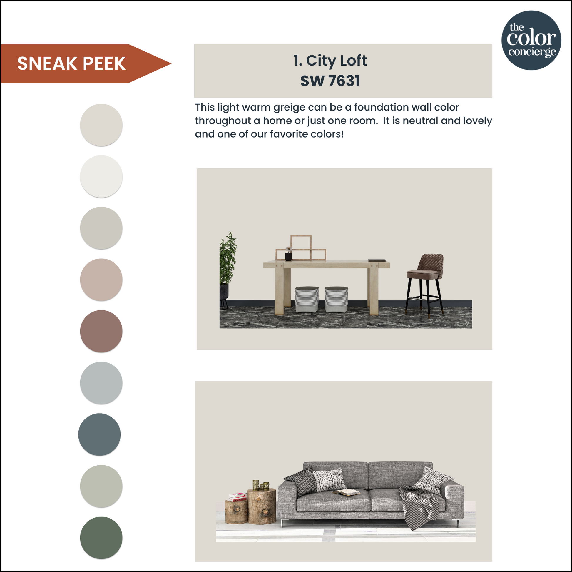 A page showing how to use a Sherwin-Williams City Loft color palette in your home