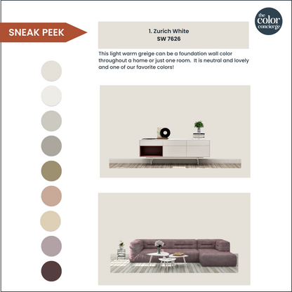 A page showing how to use a Sherwin-Williams Zurich White color palette in your home