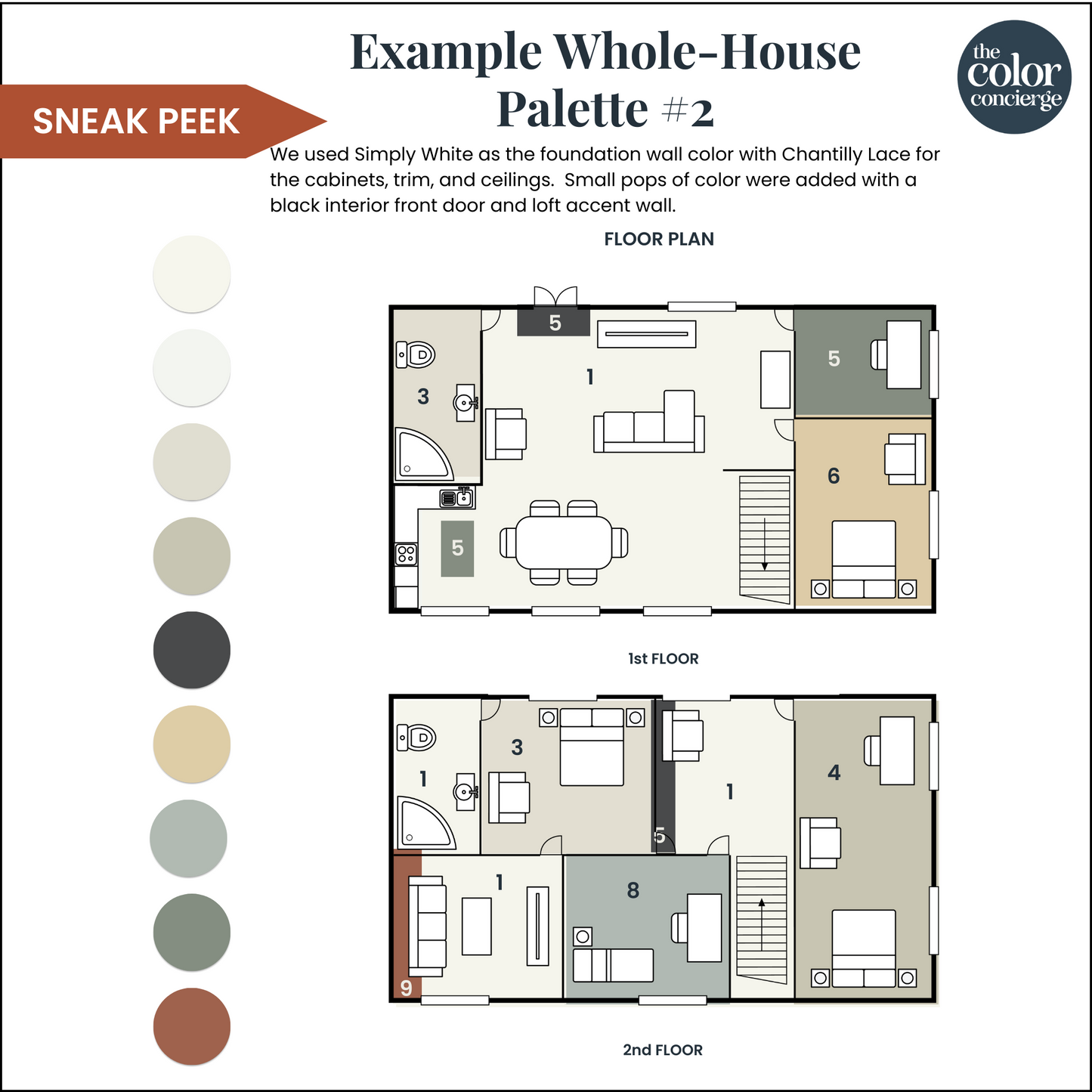 A Benjamin Moore Simply White whole-house color palette mockup