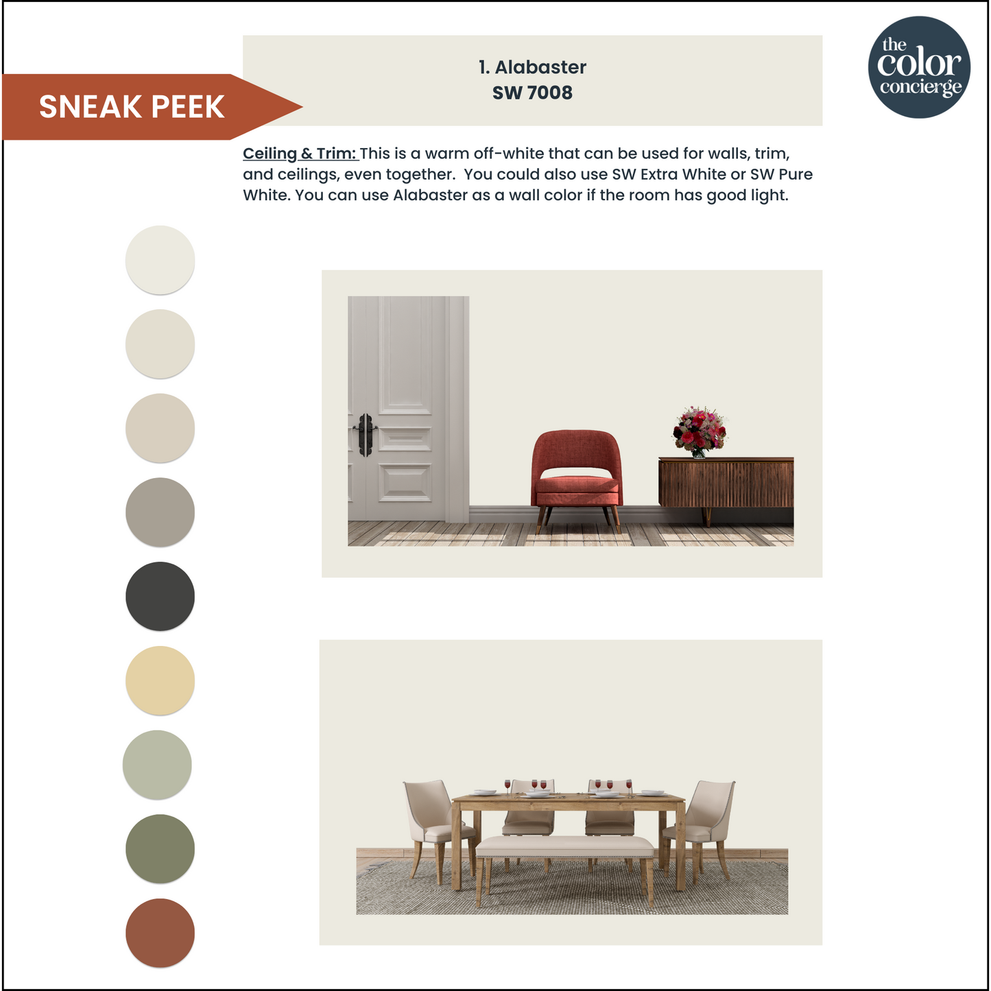 A page showing how to use a Sherwin-Williams Alabaster color palette in your home