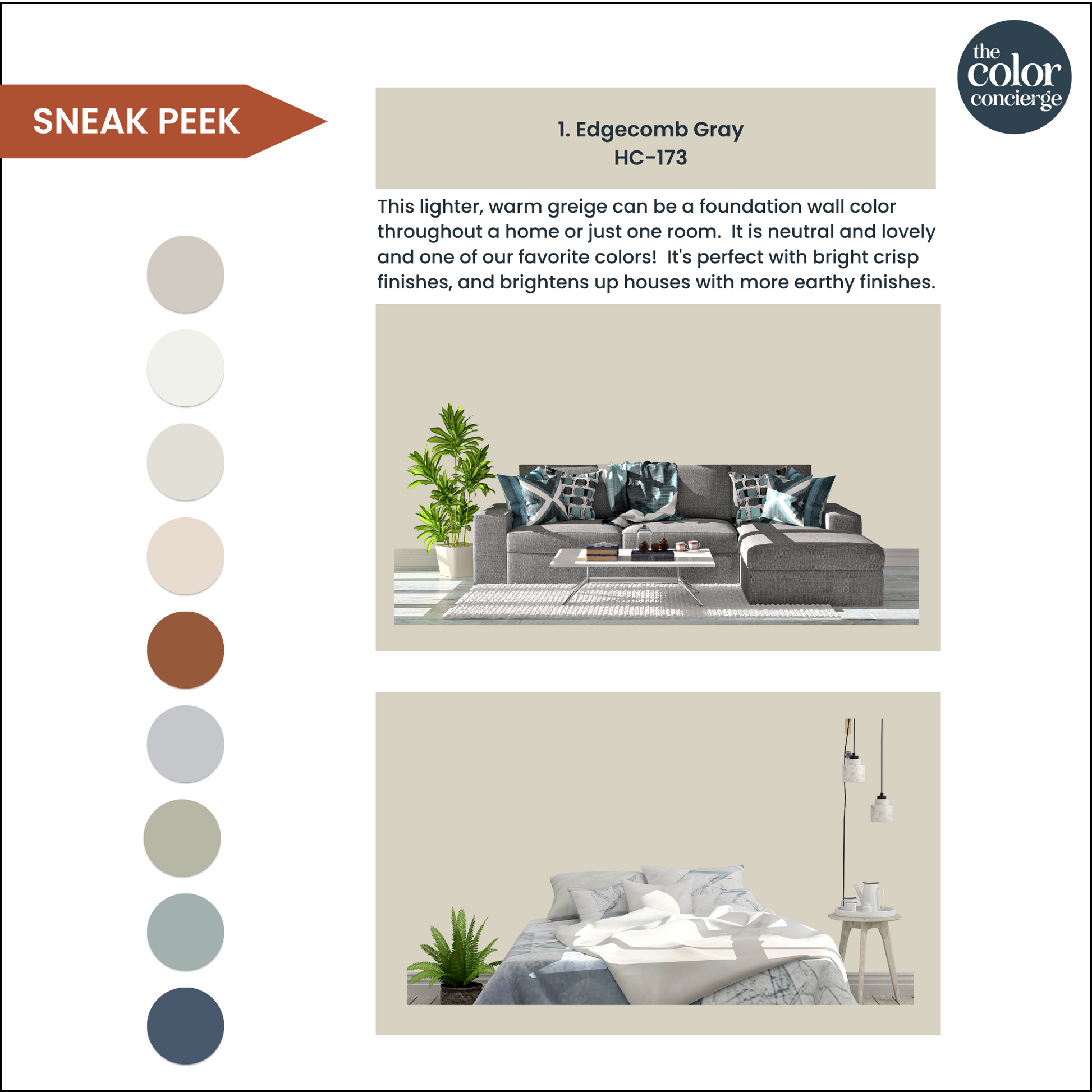 A page showing how to use a Benjamin Moore Edgecomb Gray color palette in your home