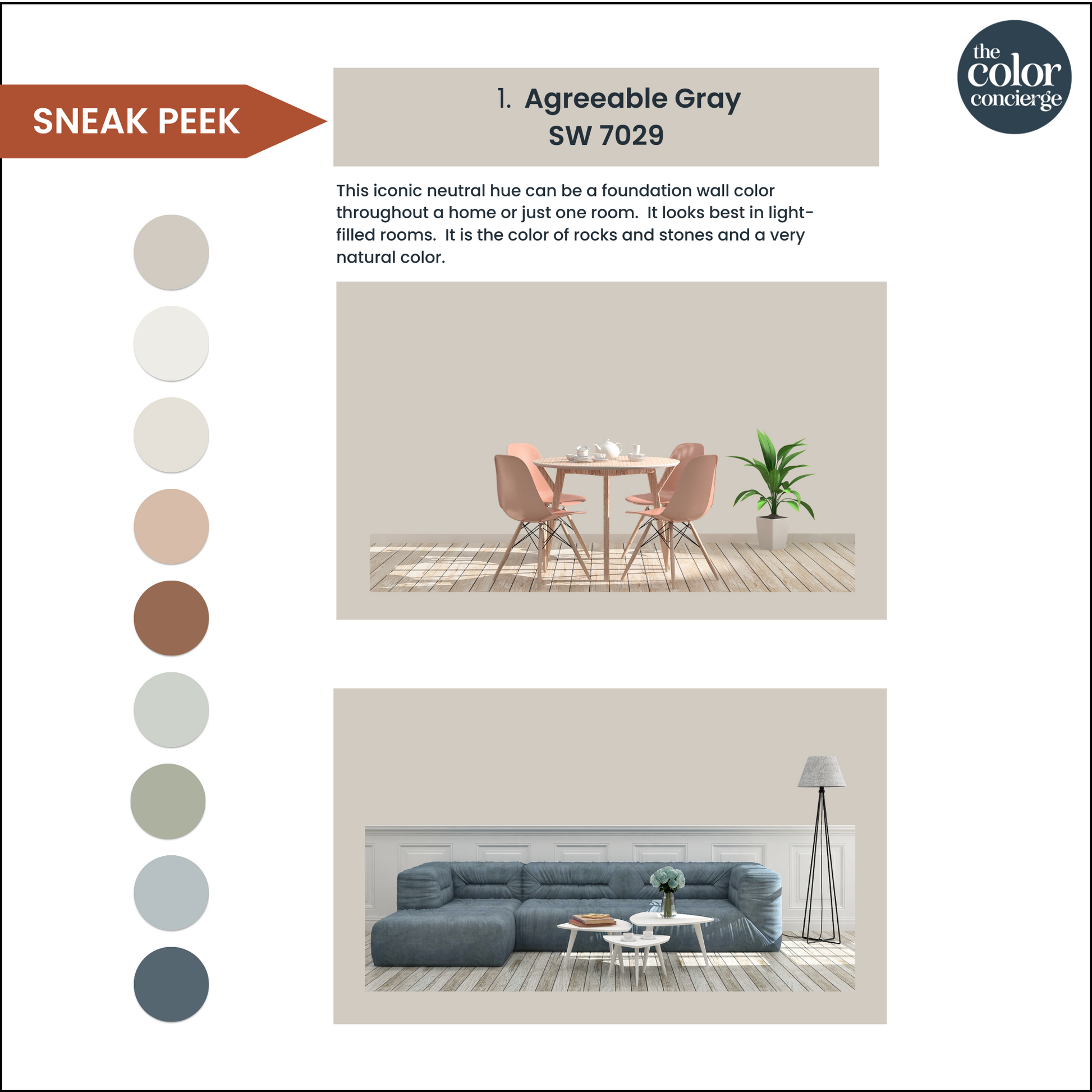 A page showing how to use a Sherwin-Williams Agreeable Gray color palette in your home