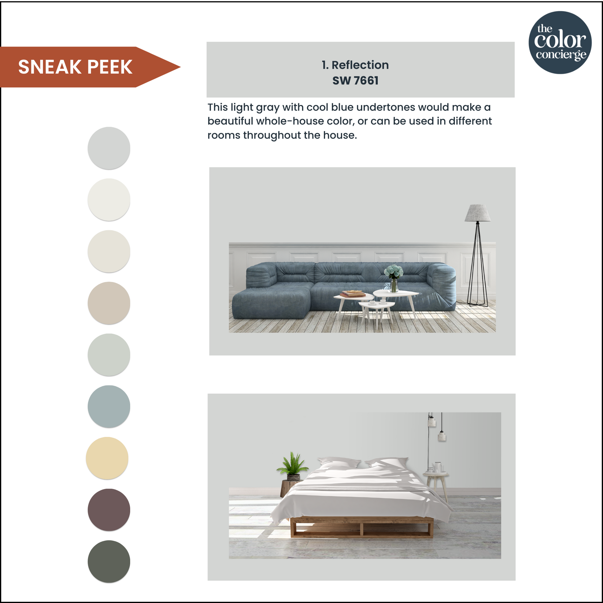 A page showing how to use a Sherwin-Williams Reflection color palette