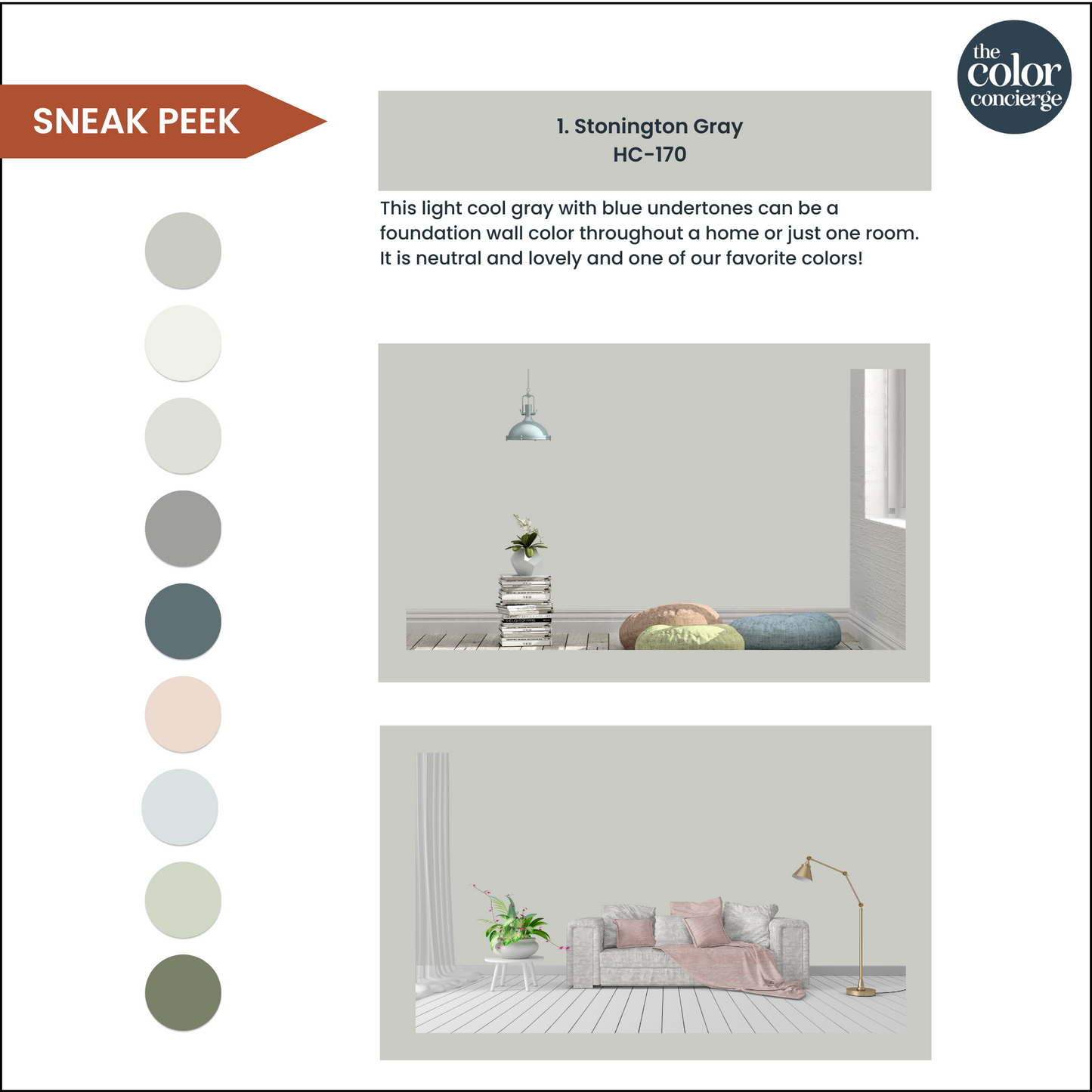 A page showing how to use a Benjamin Moore Stonington Gray color palette in your home