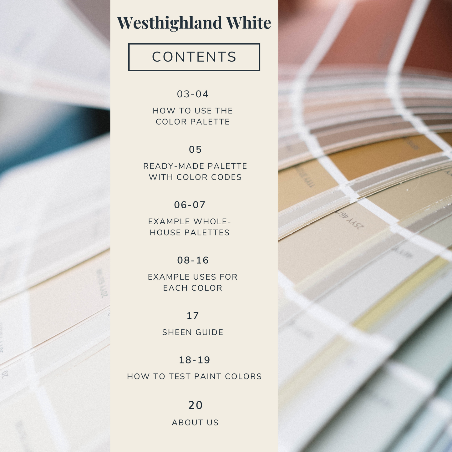 Contents list for a Sherwin-Williams Westhighland White color palette guide