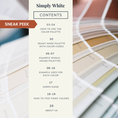 Contents list for a Benjamin Moore Simply White color palette guide