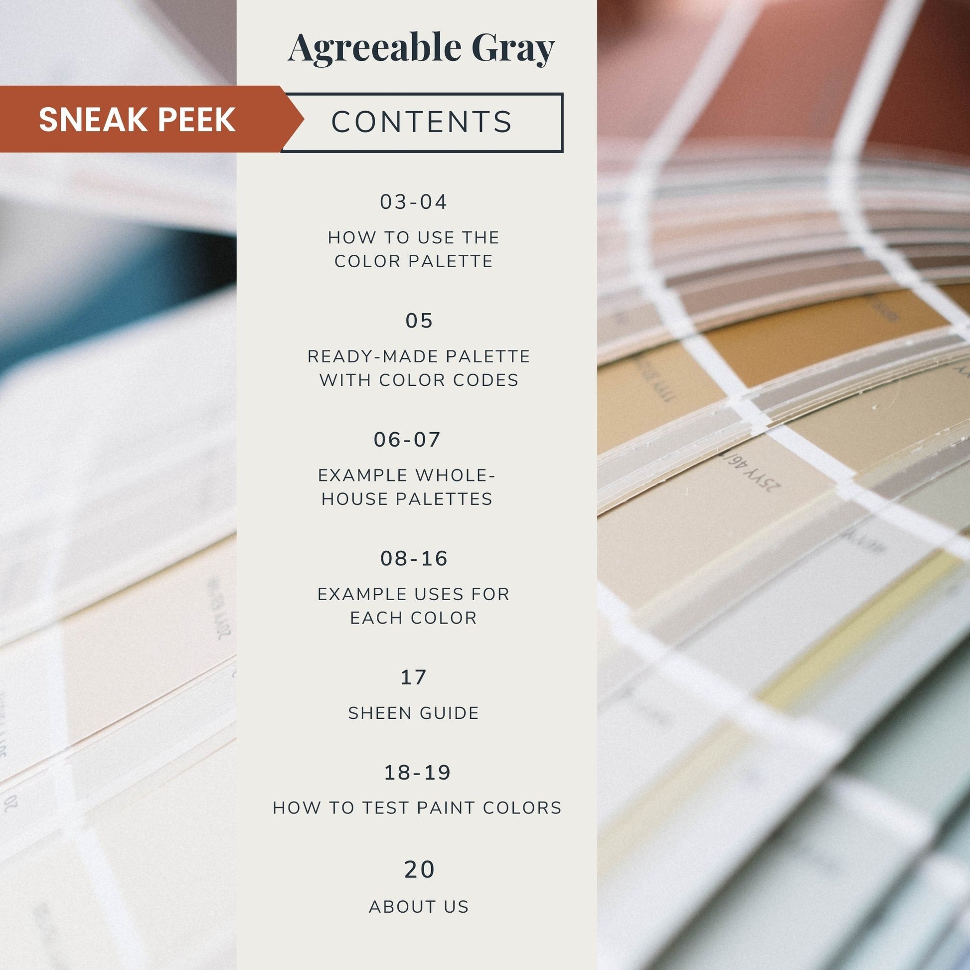 Contents list for Sherwin-Williams Agreeable Gray color palette guide