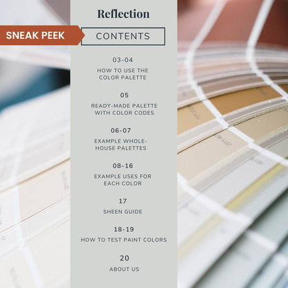 Contents list for a Sherwin-Williams Reflection color palette guide