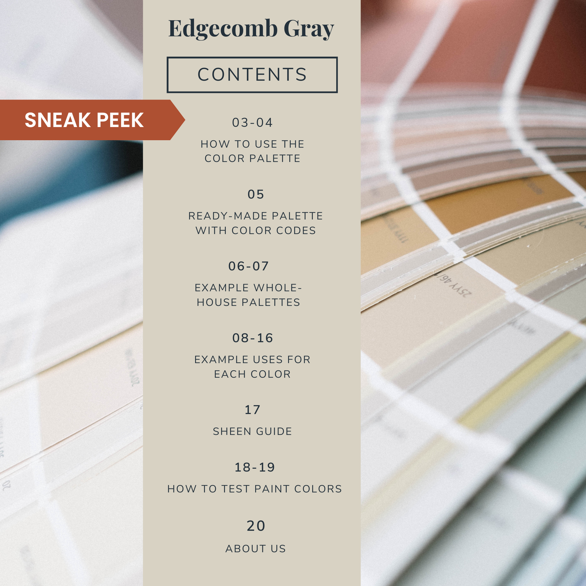 Contents list for a Benjamin Moore Edgecomb Gray color palette guide