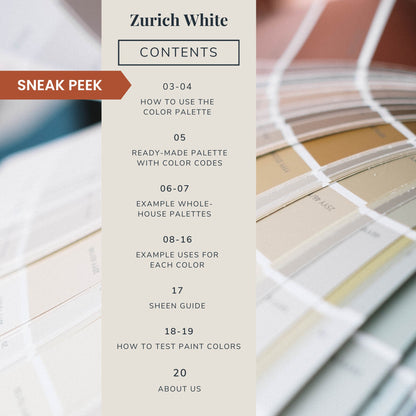 Contents list for a Sherwin-Williams Zurich White color palette guide