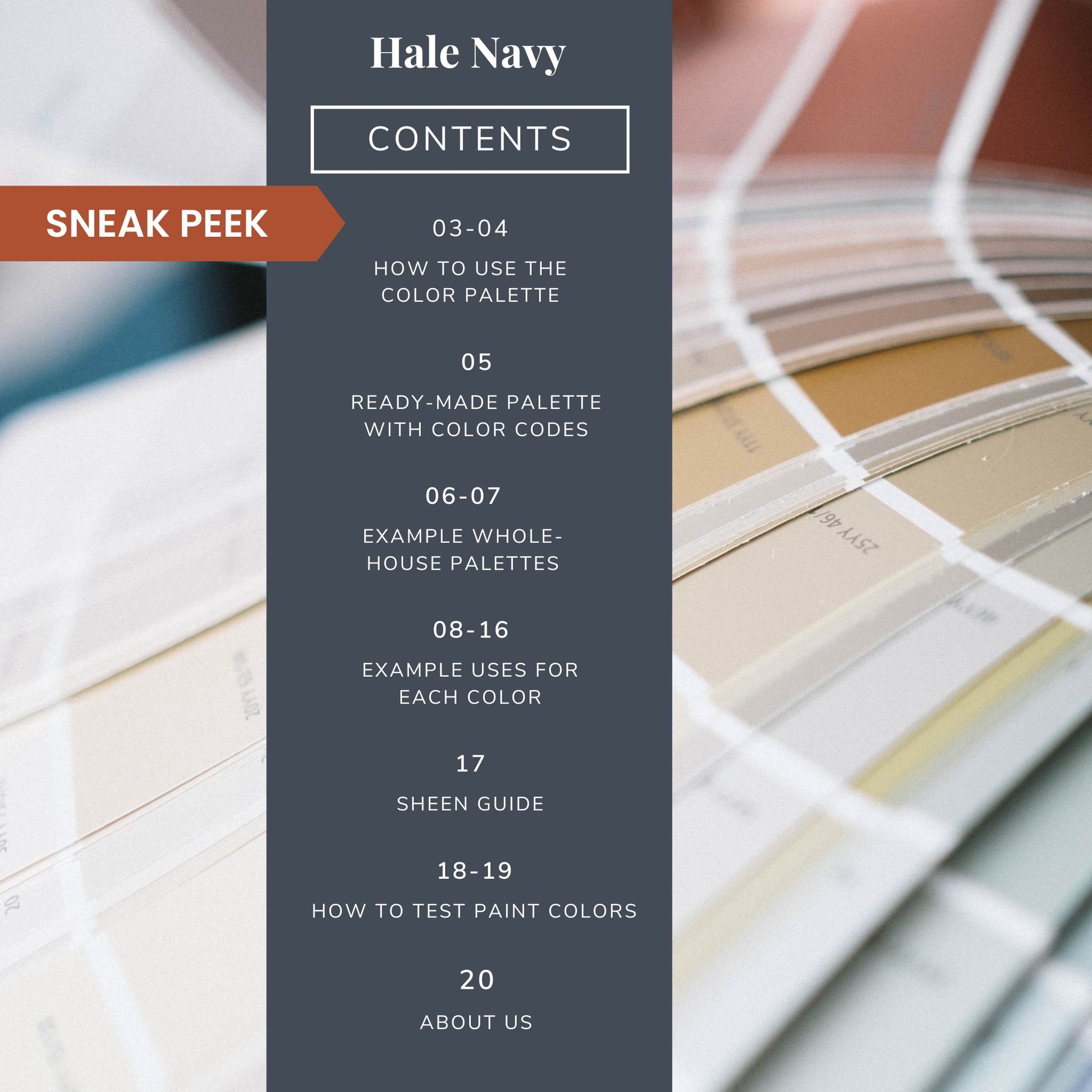 Contents list for a Benajmin Moore Hale Navy color palette guide