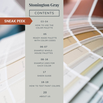 Contents list for a Benjamin Moore Stonington Gray color palette guide